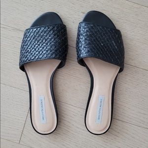 Saks Fifth Avenue Women's Black Leather Woven Flat Slides Sandals, Sz 9